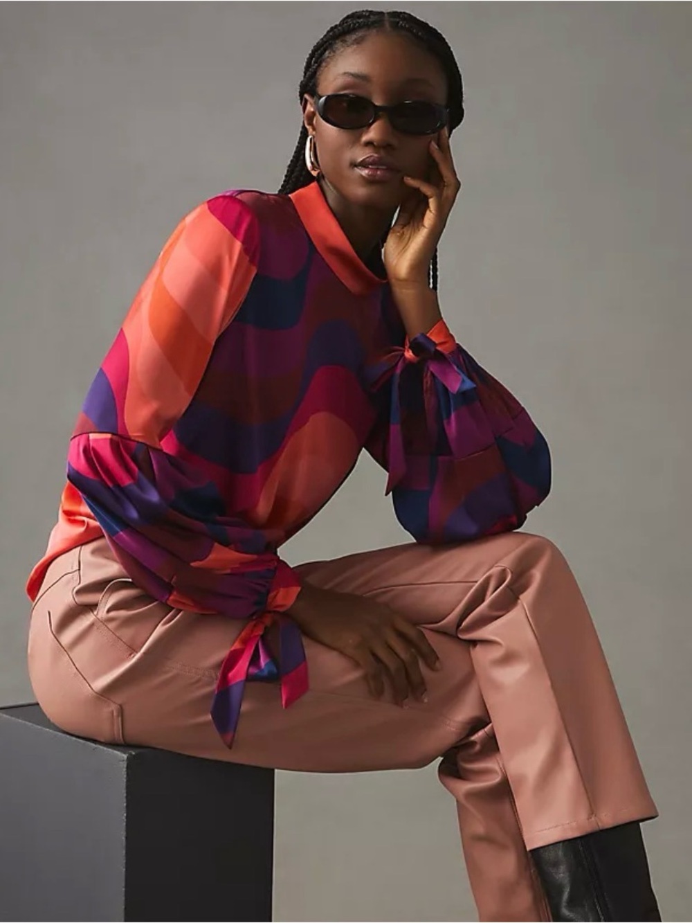 Hutch Wave-Print Tie-Sleeve Blouse in Pink, Purple & Orange